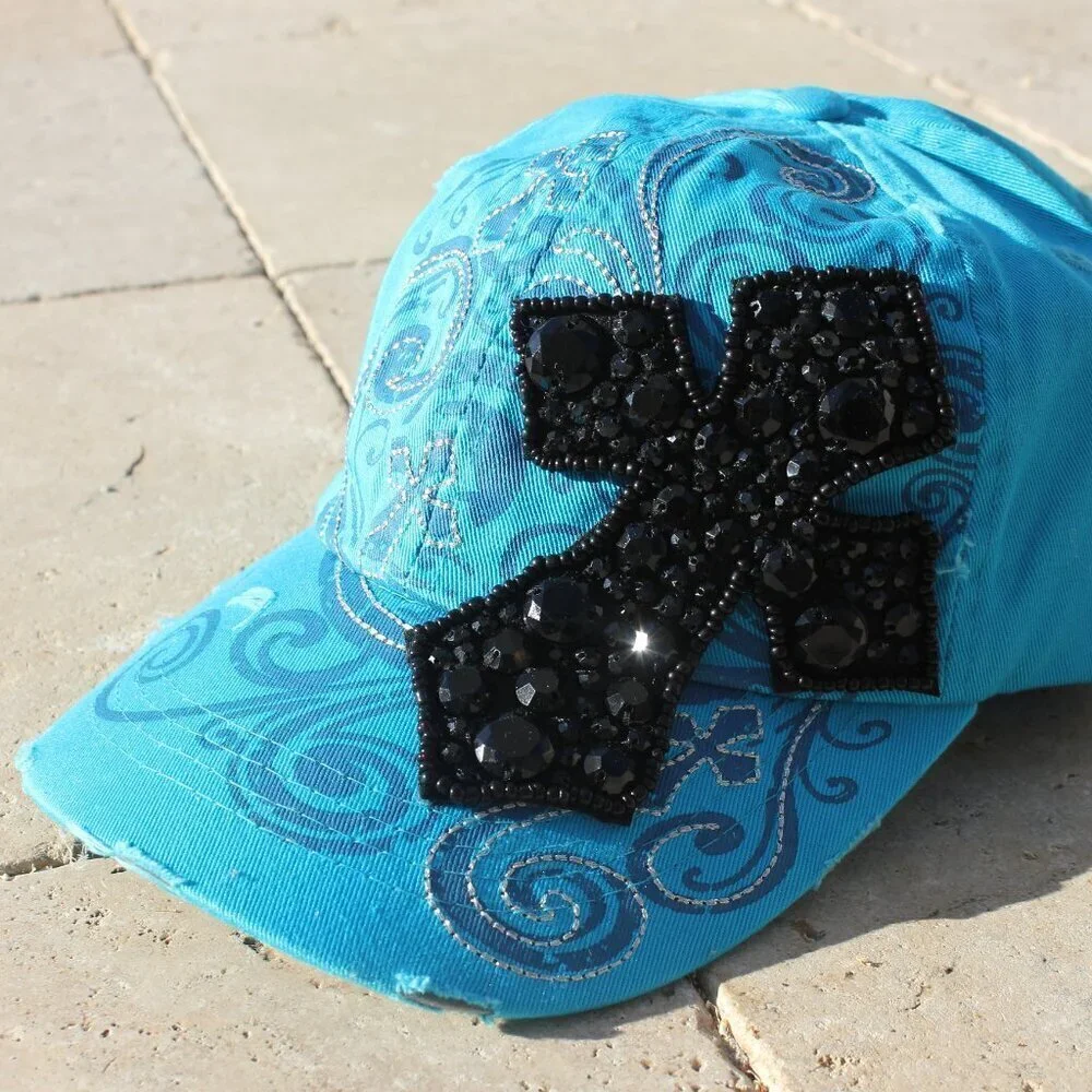 Women Blue Inspirational Cross Rhinestone Crystal Cap Hat Stud Decorative Cotton